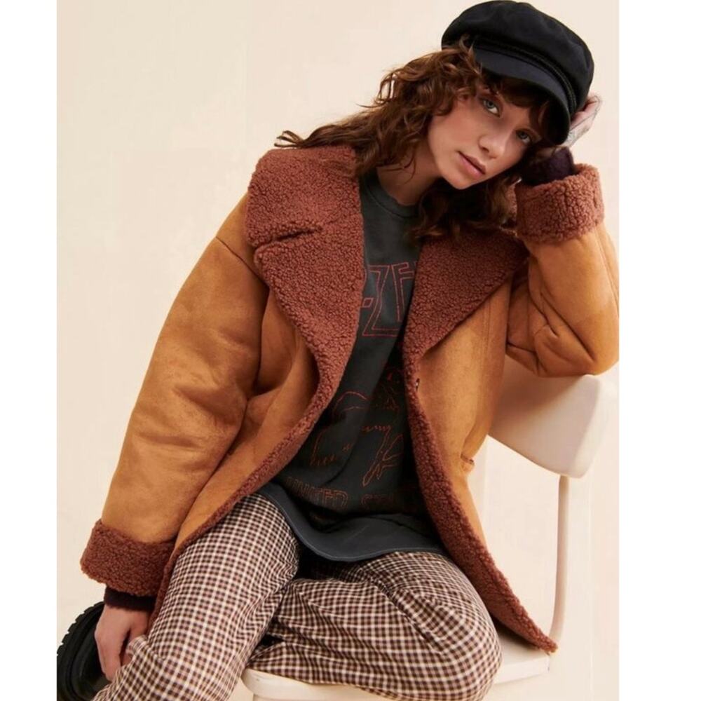 NEW Free People Diogo Toasted Almond Brown Sherpa Faux Suede Relaxed Fit Coat